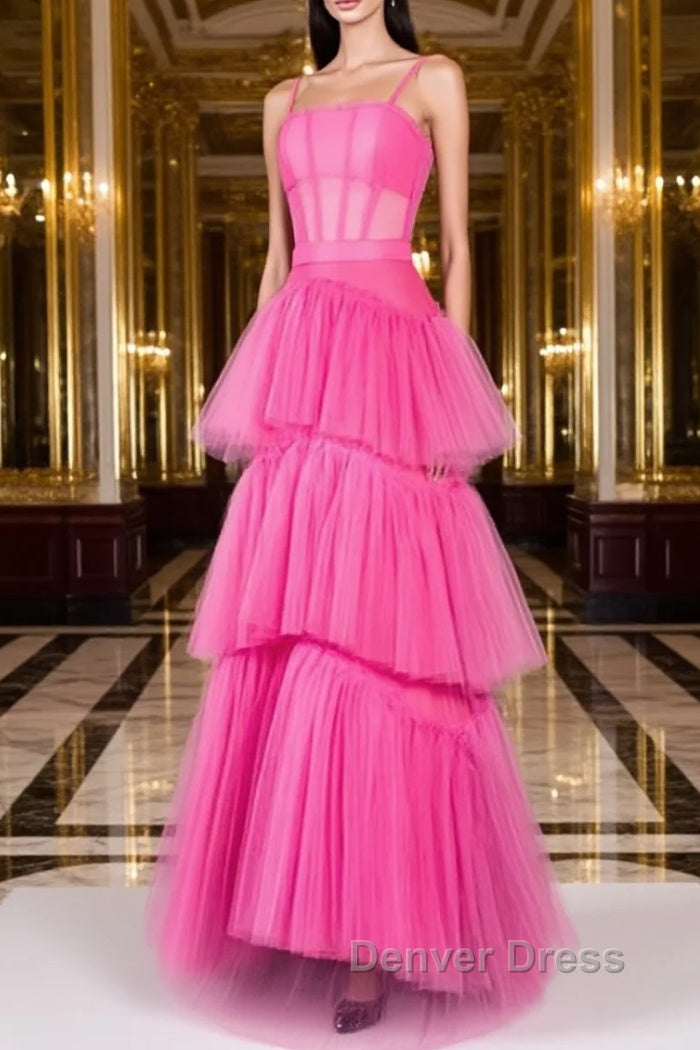 Hot Pink Long Tulle Prom Dress, Hot Pink Long Tulle Prom Dresses