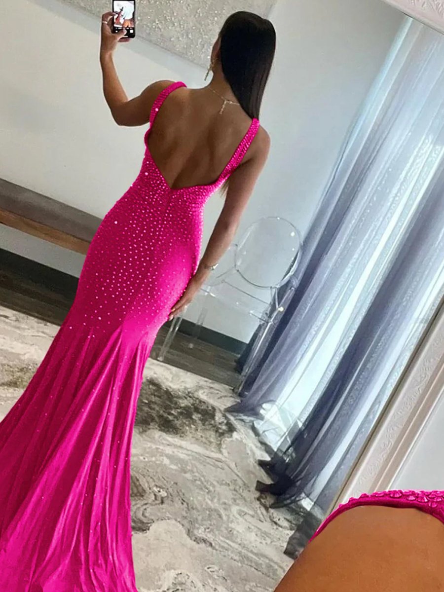Hot Pink Mermaid Deep V-Neck Beaded Satin Long Prom Dress Secondary image