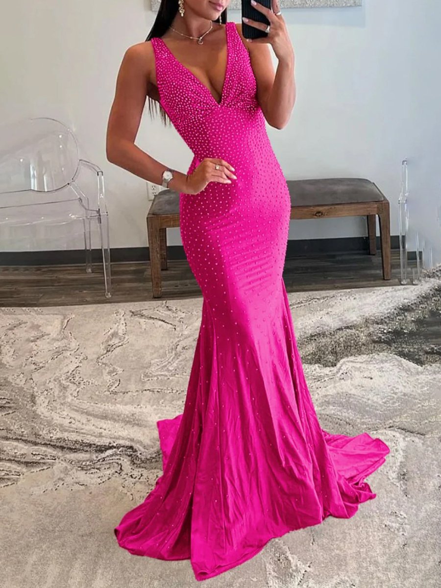 Hot Pink Mermaid Deep V-Neck Beaded Satin Long Prom Dress Main image