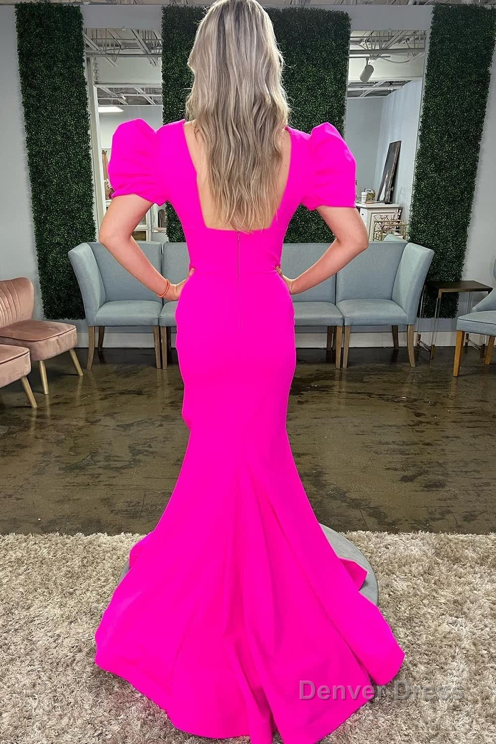 Hot Pink Mermaid Deep V Neck Long Prom Dresses with Slit Secondary image