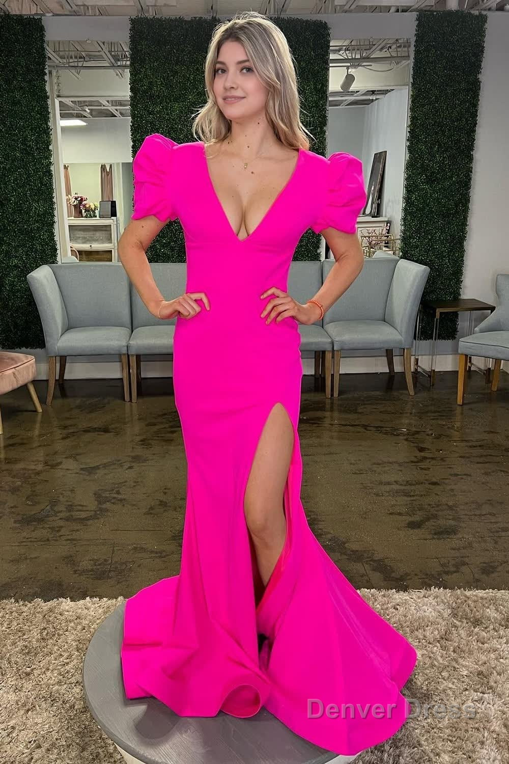 Hot Pink Mermaid Deep V Neck Long Prom Dresses with Slit Main image