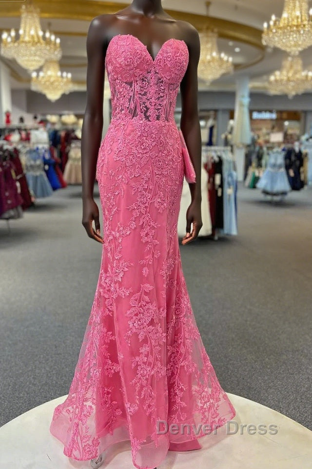 Hot Pink Mermaid Lace Prom Dress, Hot Pink Mermaid Lace Prom Dresses Main image