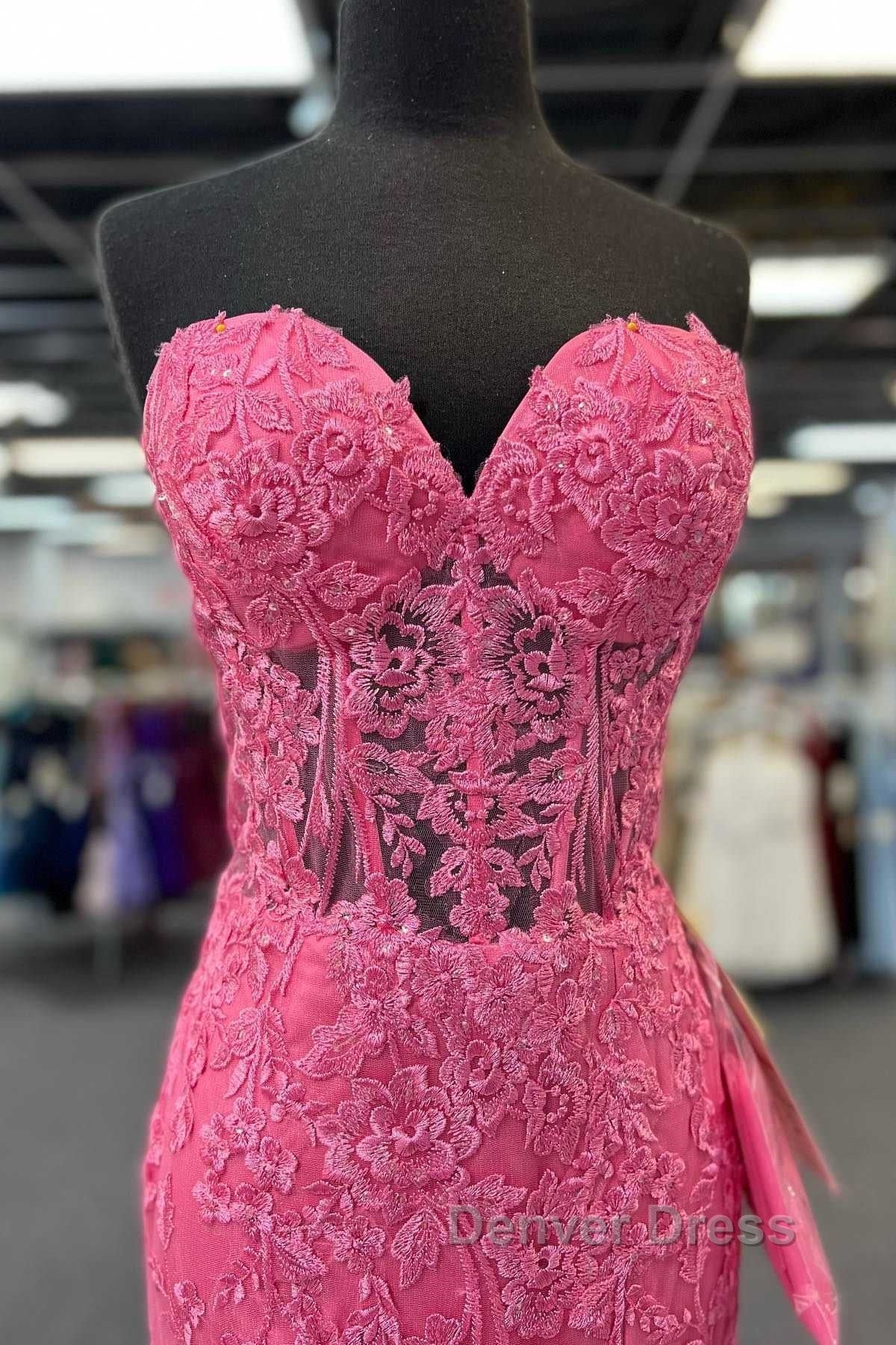 Hot Pink Mermaid Lace Prom Dress, Hot Pink Mermaid Lace Prom Dresses Secondary image