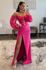 hot pink off the shoulder detachale sleeves cut out prom dress