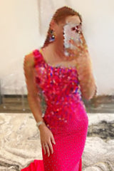 hot pink one shoulder mermaid prom dress