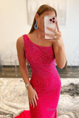 hot pink one shoulder mermaid prom dress