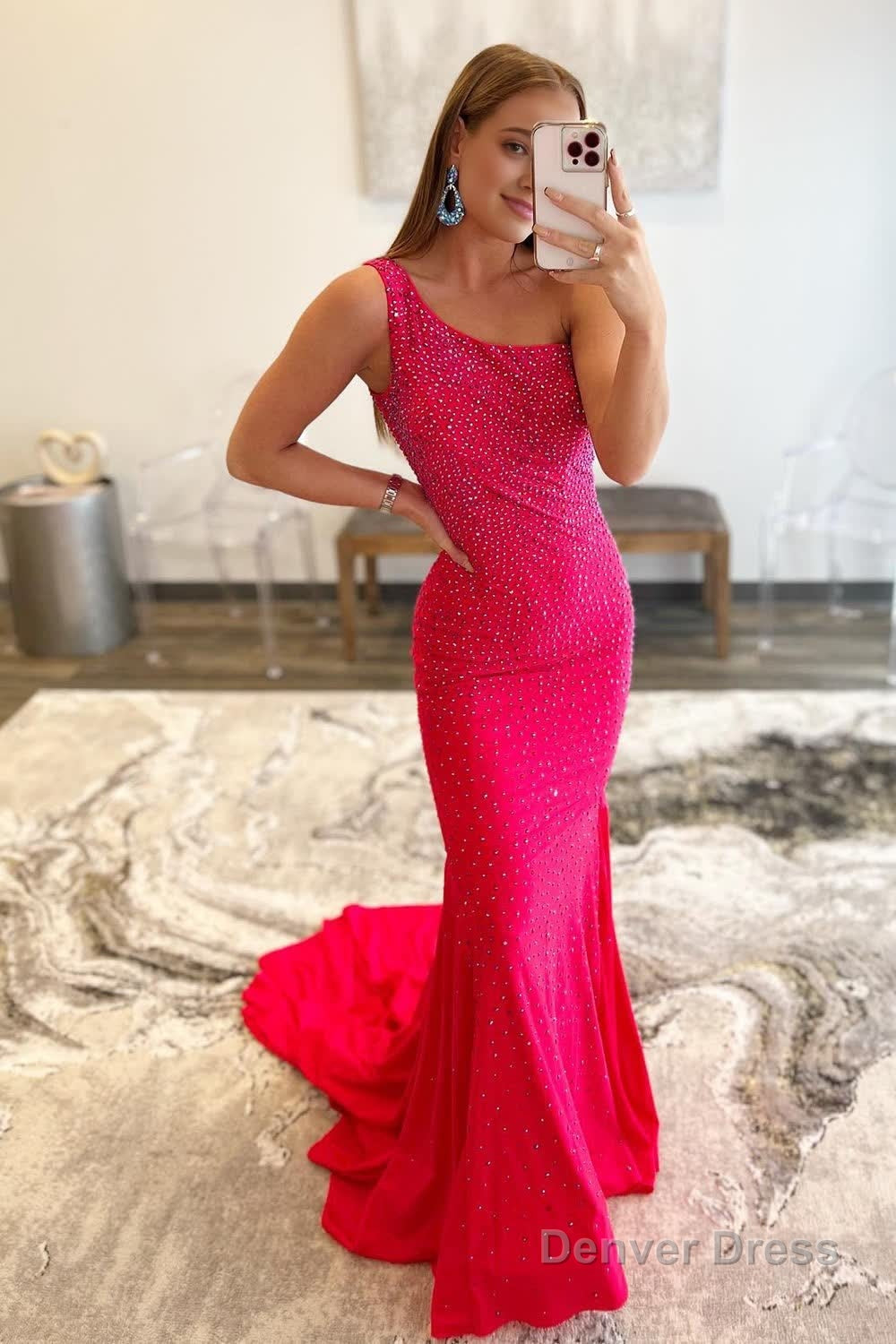 hot pink one shoulder mermaid prom dress