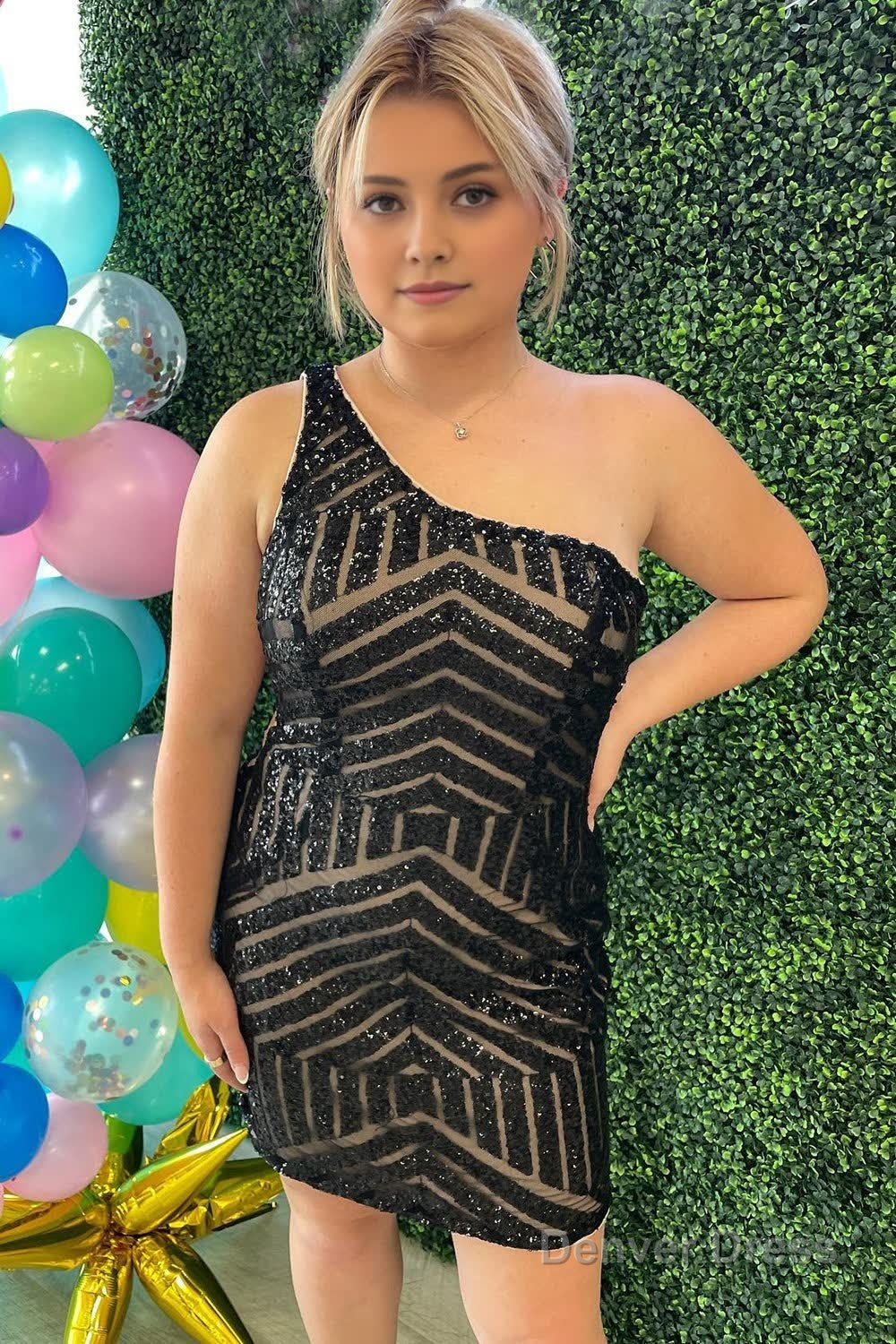 Hot Pink One Shoulder Sequins Tight Short Homecoming Dress