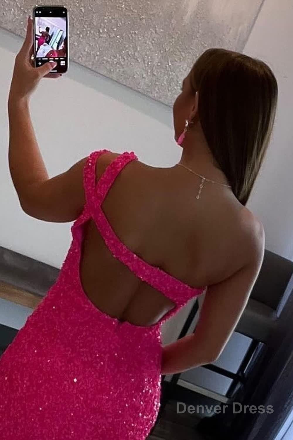 Hot Pink Open Back One Shoulder Tight Sequins Homecoming Dress Secondary image