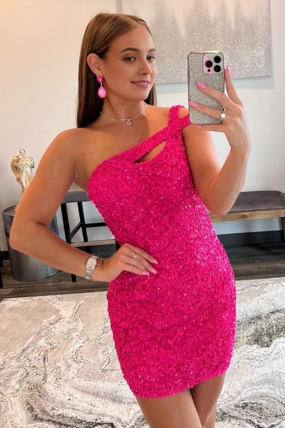 hot pink open back one shoulder tight sequins homecoming dress