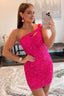 Hot Pink Open Back One Shoulder Tight Sequins Homecoming Dress