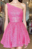 Hot Pink Prom Dresses One Shoulder A Line Short Homecoming Dresses Sequins