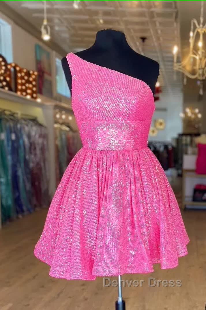 Hot Pink Prom Dresses One Shoulder A Line Short Homecoming Dresses Sequins Secondary image