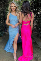 Hot Pink Ruched One Shoulder Sheath Long Prom Dresses with Slit