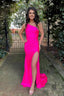 Hot Pink Ruched One Shoulder Sheath Long Prom Dresses with Slit