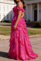 Hot Pink Ruffled A-Line Square Neck Long Prom Dresses