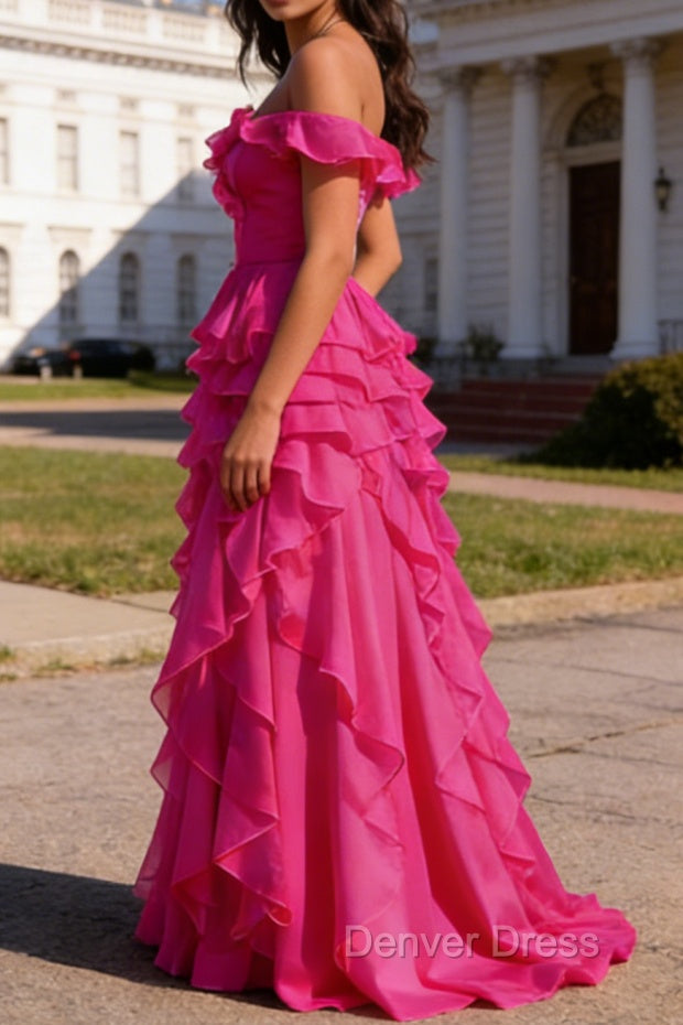 Hot Pink Ruffled A-Line Square Neck Long Prom Dresses