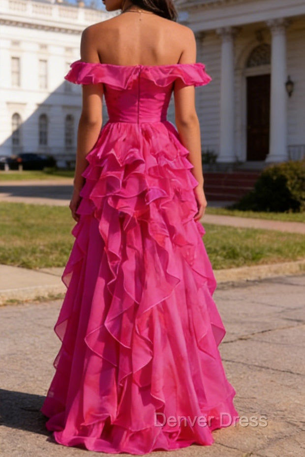 Hot Pink Ruffled A-Line Square Neck Long Prom Dresses