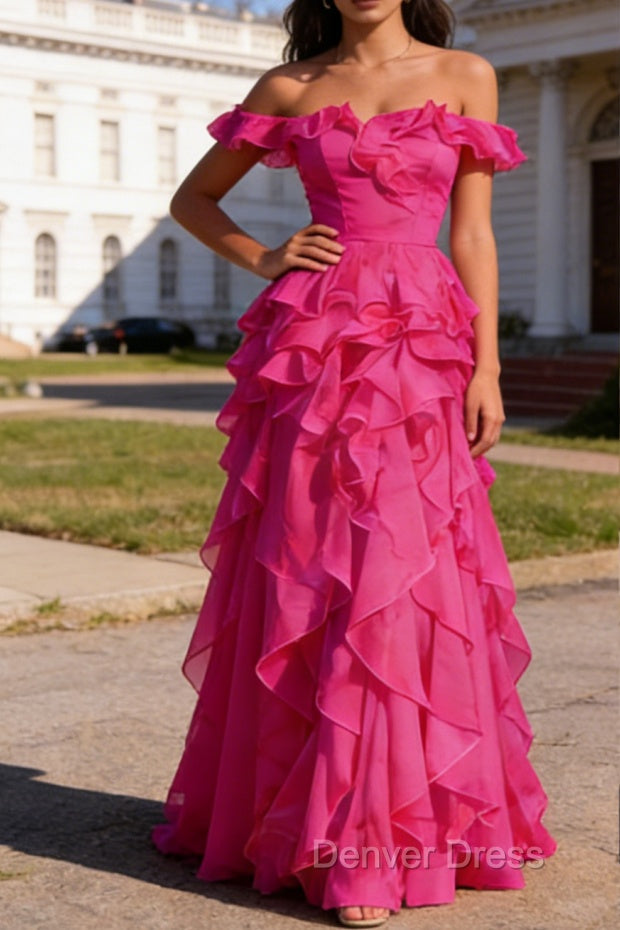 Hot Pink Ruffled A-Line Square Neck Long Prom Dresses Main image