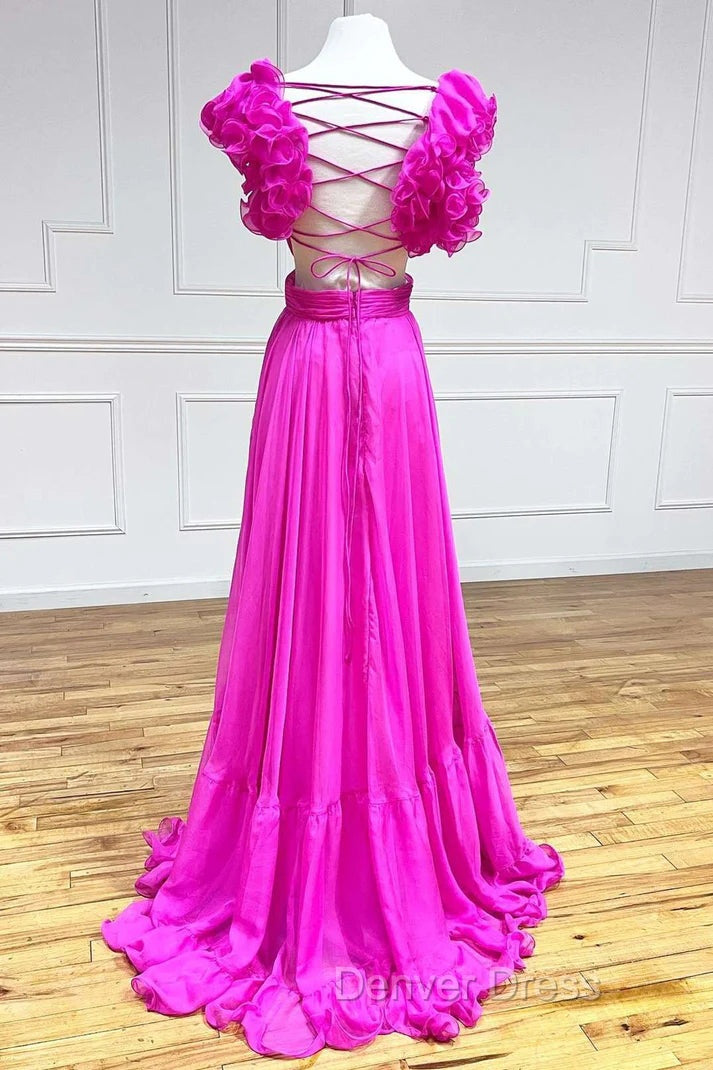 Hot Pink Ruffles Lace-Up Back A-Line Prom Dresses, Formal Evening Dresses