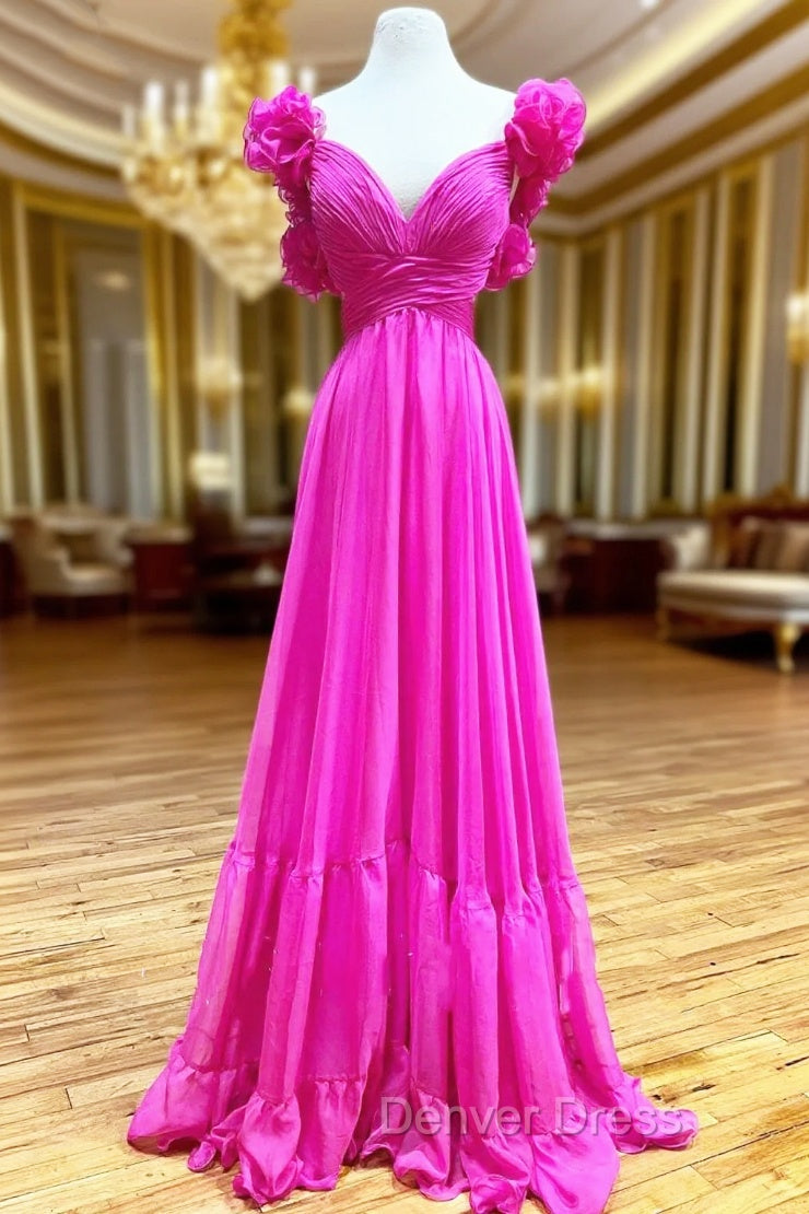Hot Pink Ruffles Lace-Up Back A-Line Prom Dresses, Formal Evening Dresses Main image
