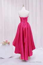 Hot Pink Satin High Low Prom Dress, Cute Sweetheart Neck Prom Dresses