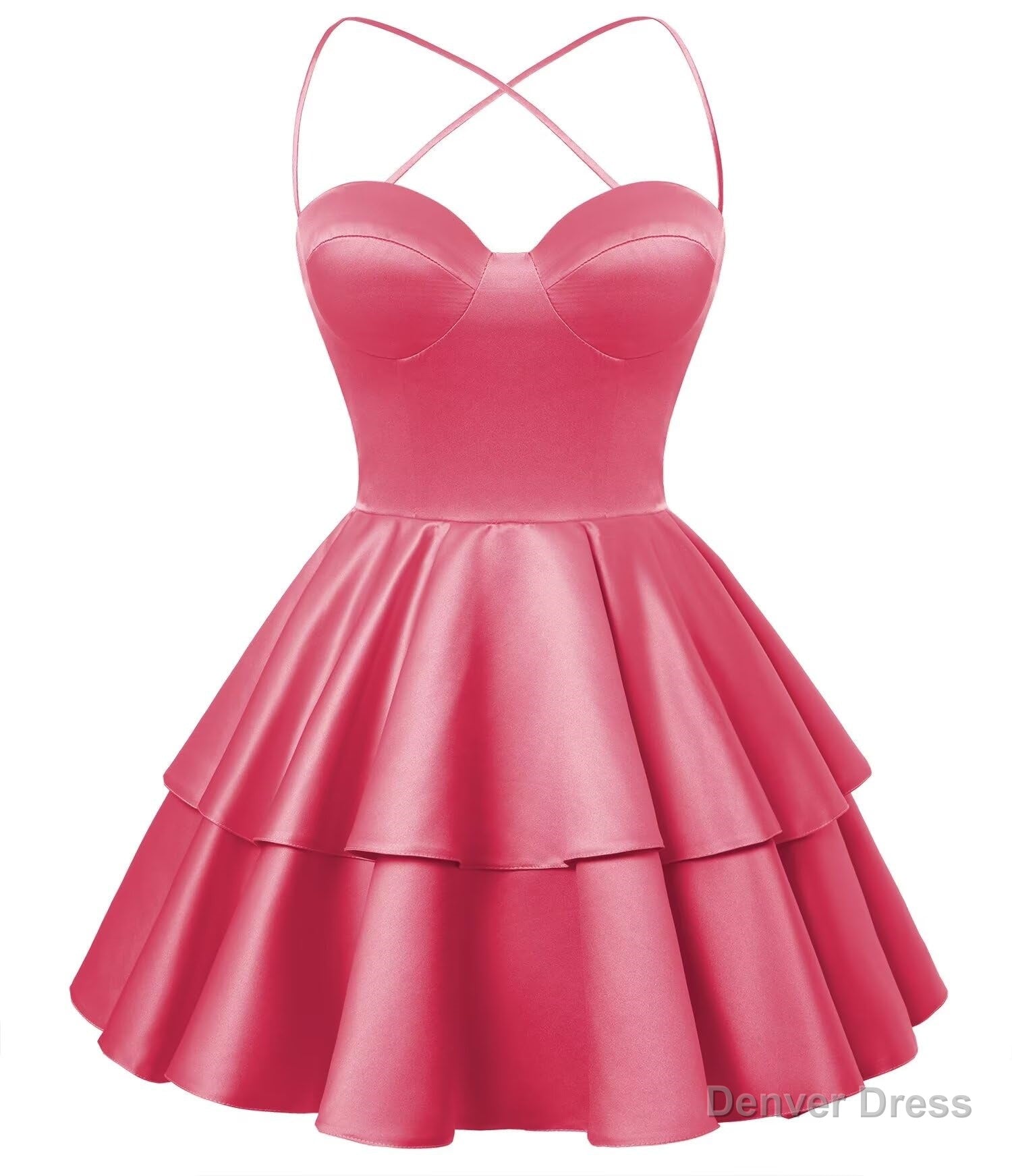 Hot Pink Satin Homecoming Dress Sweetheart Neck Tiered Short Graduation Dresses Main image