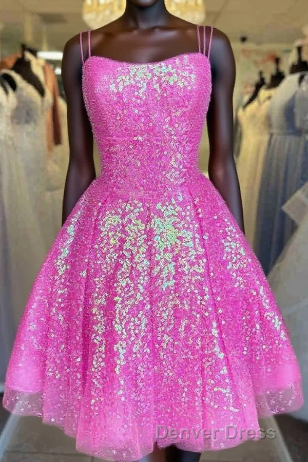 Hot Pink Sequins A-Line Homecoming Dresses Main image