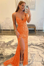Hot Pink Sequins Glitter Prom Dresses with Slit