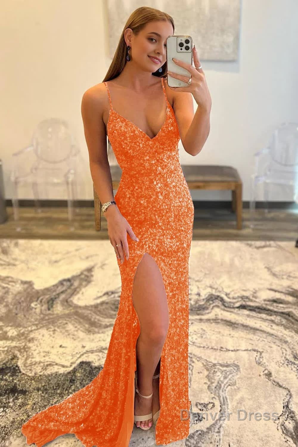 Hot Pink Sequins Glitter Prom Dresses with Slit
