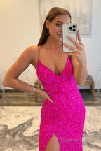 Hot Pink Sequins Glitter Prom Dresses with Slit