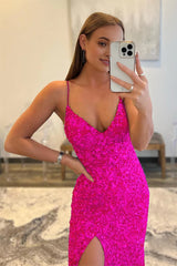 hot pink sequins glitter prom dress with slit