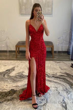 Hot Pink Sequins Glitter Prom Dresses with Slit