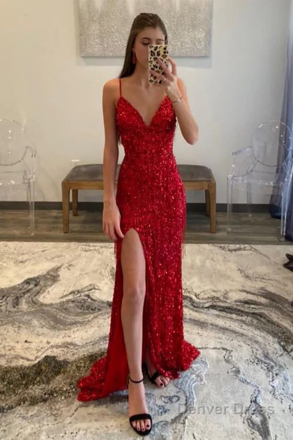 Hot Pink Sequins Glitter Prom Dresses with Slit