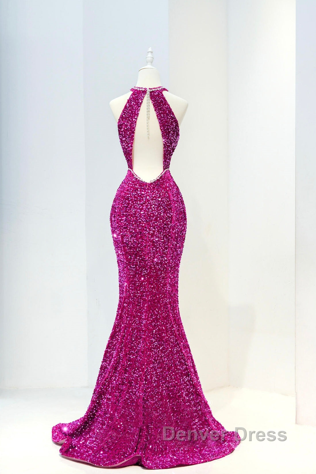 Hot Pink Sequins Long Prom Dresses, Mermaid Backless Evening Dresses Secondary image