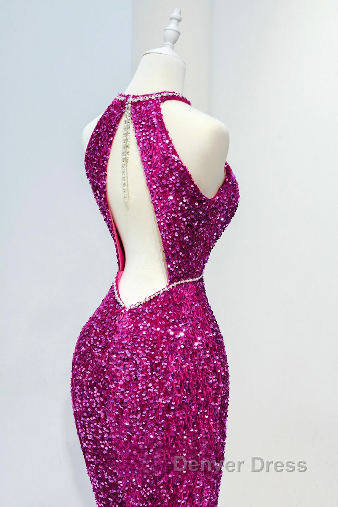 Hot Pink Sequins Long Prom Dresses, Mermaid Backless Evening Dresses