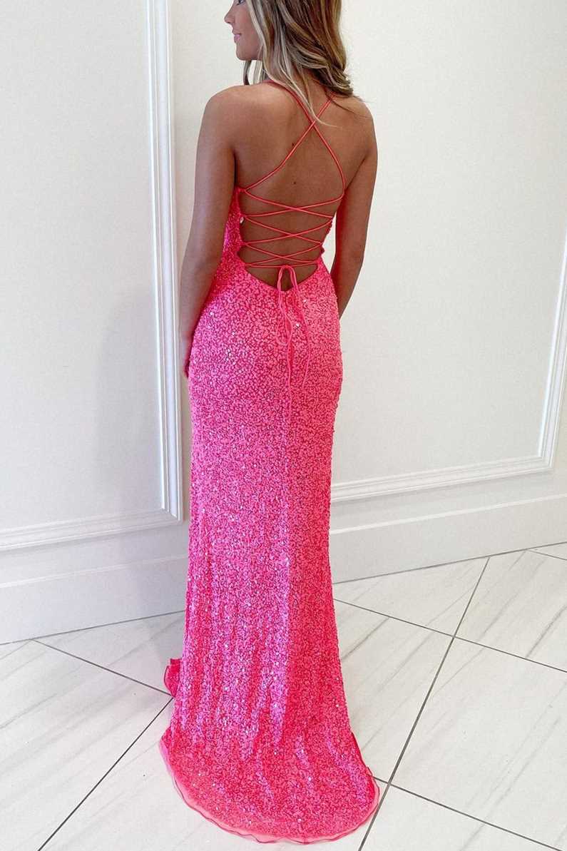 Hot Pink Sequins Mermaid Long Prom Dresses