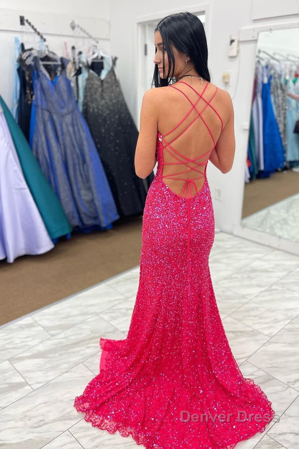 Hot Pink Sequins Mermaid Prom Dresses with Fringes