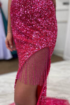 Hot Pink Sequins Mermaid Prom Dresses with Fringes