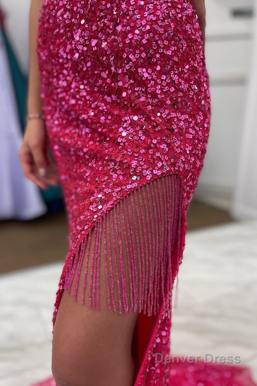 Hot Pink Sequins Mermaid Prom Dresses with Fringes