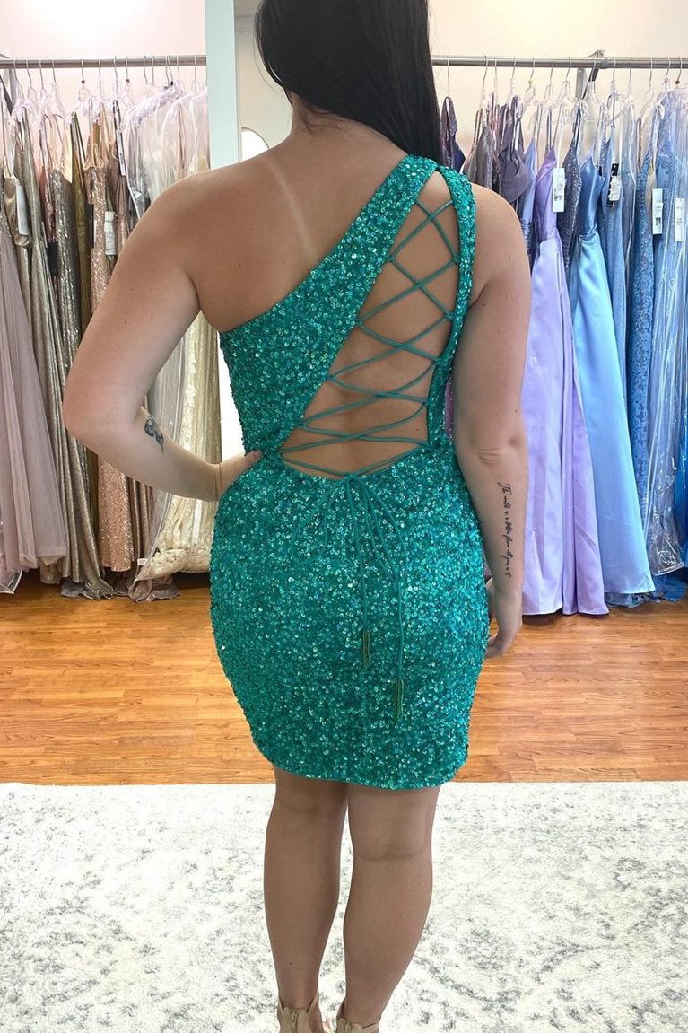 Hot Pink Sequins Tight One Shoulder Homecoming Dresses Secondary image