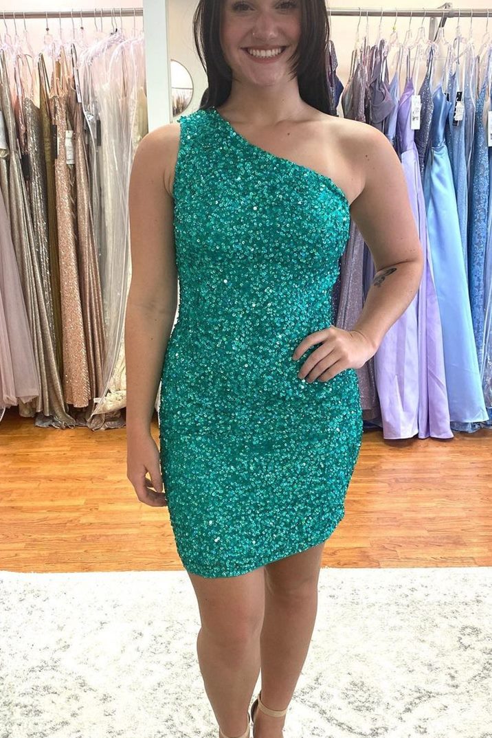 Hot Pink Sequins Tight One Shoulder Homecoming Dresses