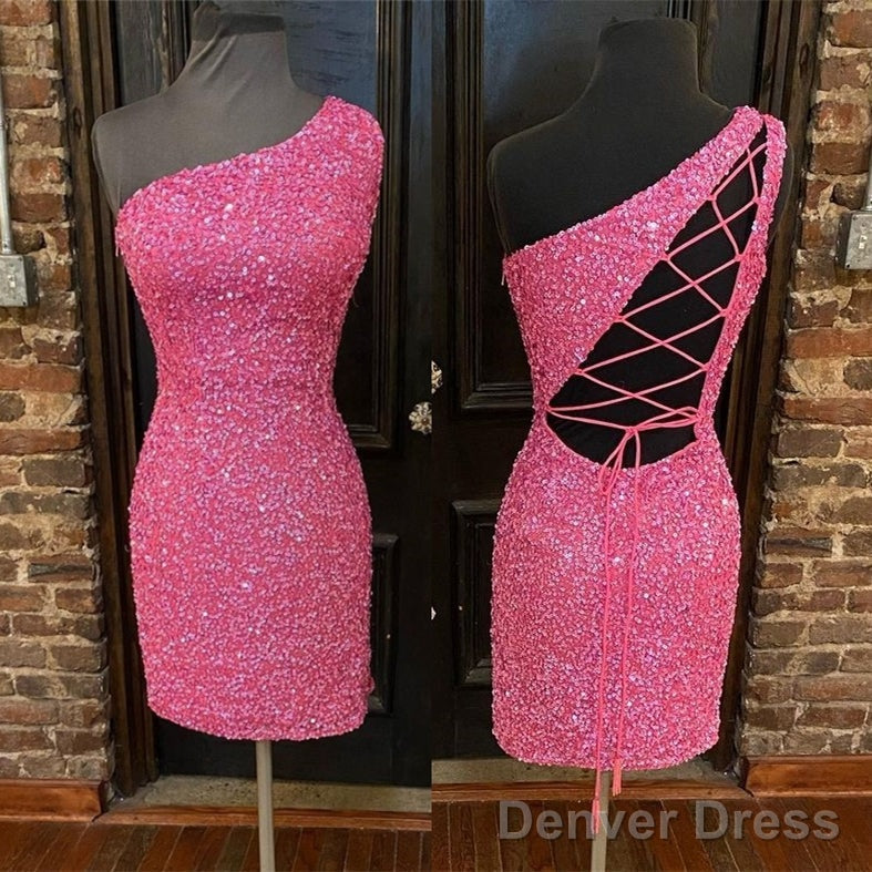 Hot Pink Sequins Tight One Shoulder Homecoming Dresses Main image