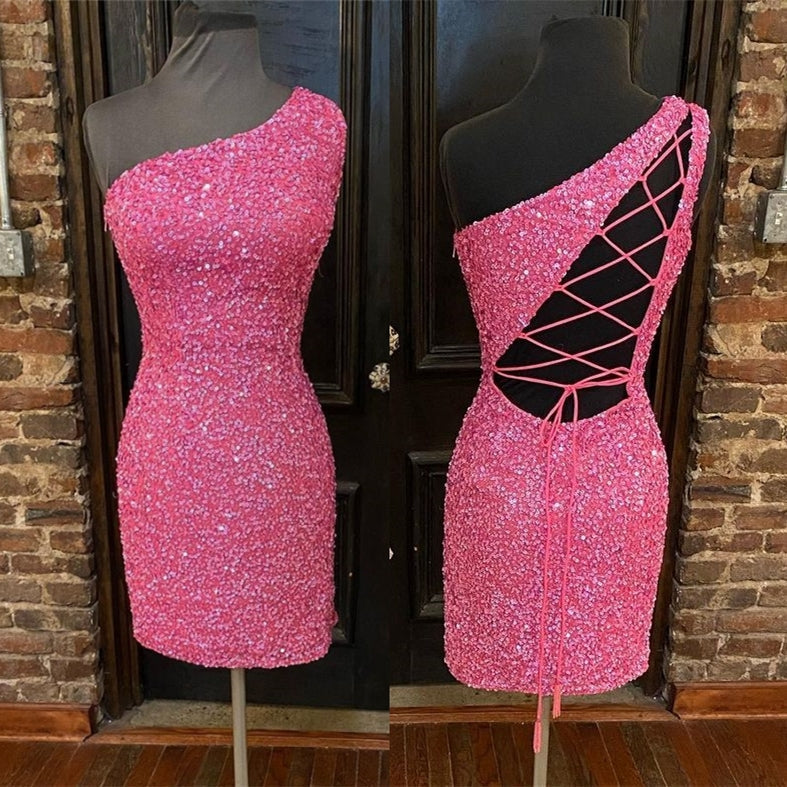 Hot Pink Sequins Tight One Shoulder Homecoming Dresses