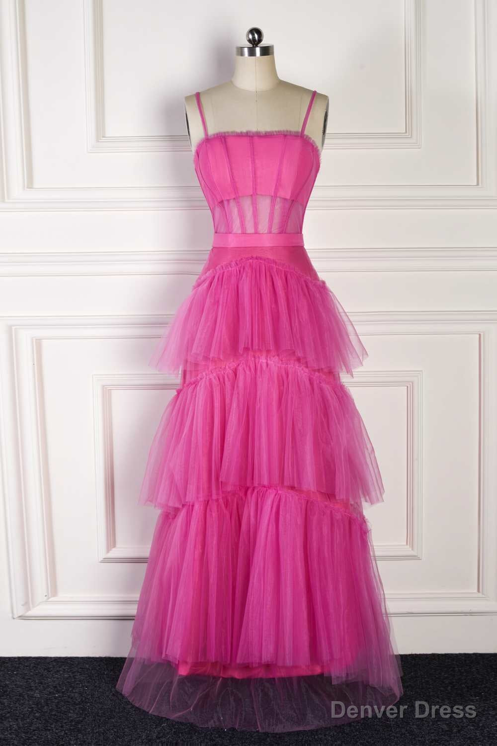 Hot Pink Spaghetti Straps A Line Tulle Tiered Long Prom Dresses