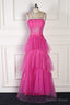 Hot Pink Spaghetti Straps A Line Tulle Tiered Long Prom Dresses