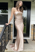 Hot Pink Spaghetti Straps Satin Mermaid Prom Dresses with Slit