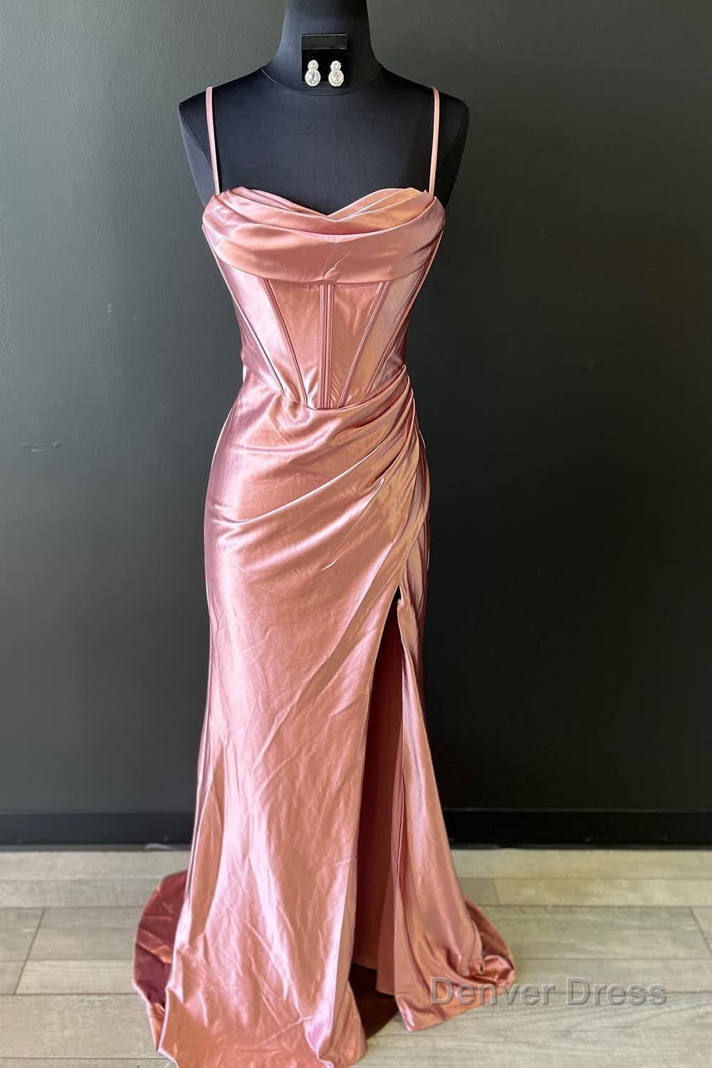 Hot Pink Spaghetti Straps Satin Mermaid Prom Dresses with Slit