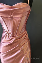 Hot Pink Spaghetti Straps Satin Mermaid Prom Dresses with Slit