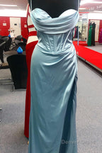 Hot Pink Spaghetti Straps Satin Mermaid Prom Dresses with Slit
